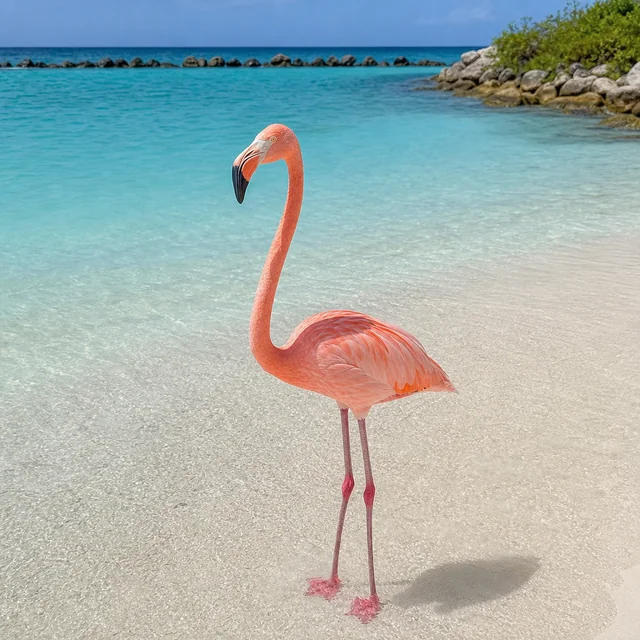 A flamingo photographed on an Aruban beach