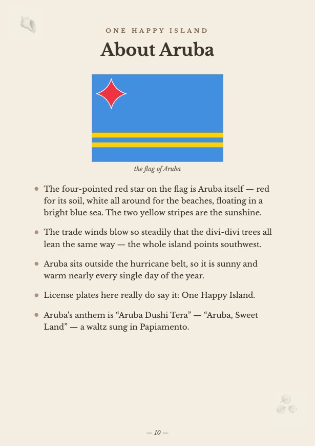 The About Aruba page with the island's flag and fun facts