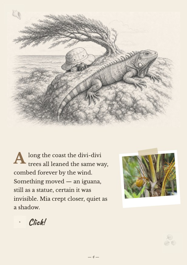 A real story page: pencil-drawn iguana with the child's own color photo taped in