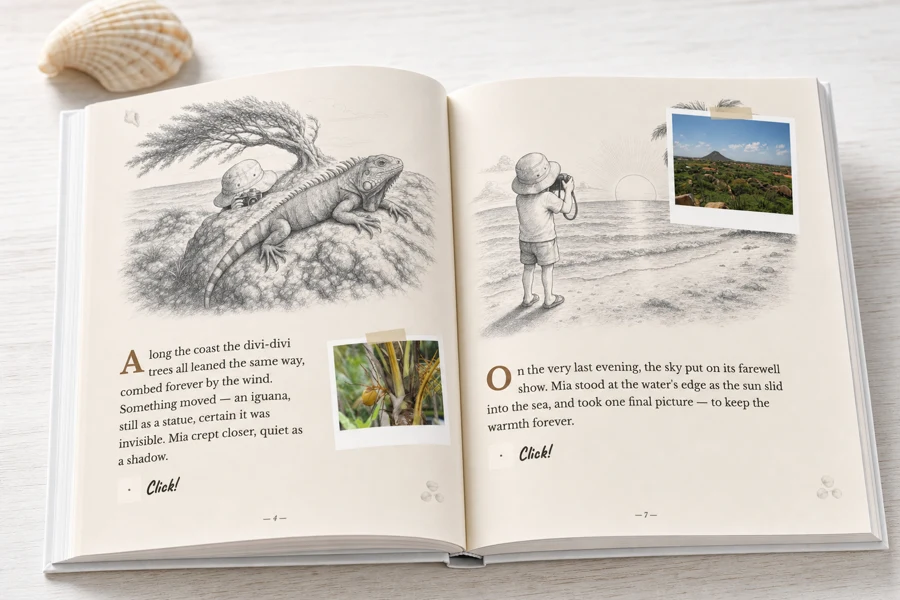 The hardcover open: pencil-drawn story pages with the child's color photos taped in